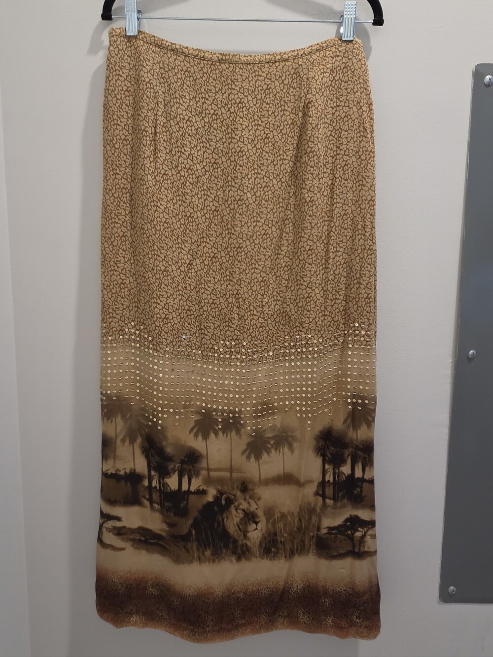 Vintage 100% Silk Safari Lion Sequin Maxi Skirt